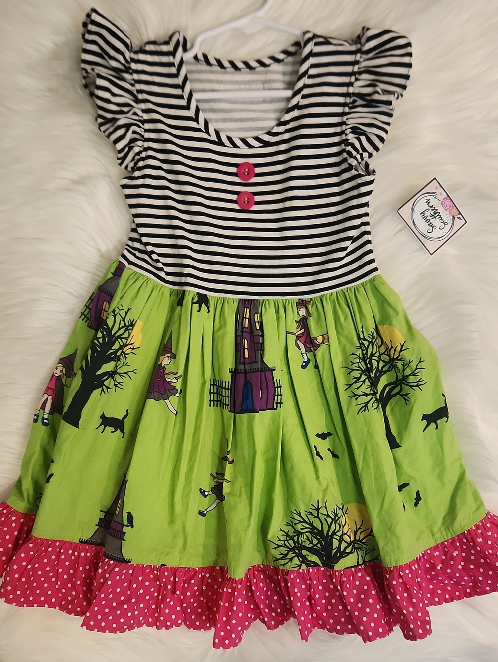 Black, White Striped Halloween Witch Print Dress -  Girls Size: 5/6